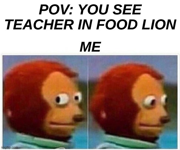 Monkey Puppet Meme | POV: YOU SEE TEACHER IN FOOD LION; ME | image tagged in memes,monkey puppet | made w/ Imgflip meme maker