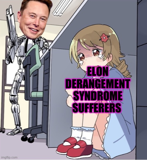 Anime Girl Hiding from Terminator | ELON DERANGEMENT SYNDROME SUFFERERS | image tagged in anime girl hiding from terminator,elon musk | made w/ Imgflip meme maker