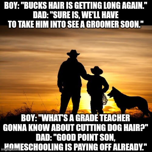 Cowboy wisdom on pets and pests | BOY: "BUCKS HAIR IS GETTING LONG AGAIN."
DAD: "SURE IS, WE'LL HAVE TO TAKE HIM INTO SEE A GROOMER SOON."; BOY: "WHAT'S A GRADE TEACHER GONNA KNOW ABOUT CUTTING DOG HAIR?"
DAD: "GOOD POINT SON, HOMESCHOOLING IS PAYING OFF ALREADY." | image tagged in groom,education,perversion,cowboy father and son | made w/ Imgflip meme maker