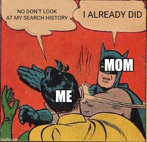 Batman Slapping Robin | NO DON'T LOOK AT MY SEARCH HISTORY; I ALREADY DID; MOM; ME | image tagged in memes,batman slapping robin | made w/ Imgflip meme maker