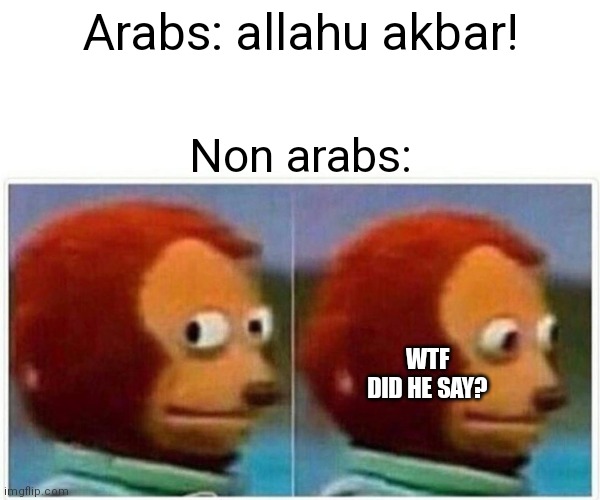 Plz text Arab for this meme! | Arabs: allahu akbar! Non arabs:; WTF DID HE SAY? | image tagged in memes,monkey puppet,arab | made w/ Imgflip meme maker