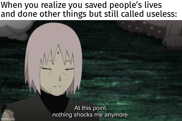 Imagine if Sakura felt this way | When you realize you saved people’s lives and done other things but still called useless: | image tagged in sakura at this point nothing shocks me anymore,sakura,useless,memes,that moment when you realize,naruto shippuden | made w/ Imgflip meme maker