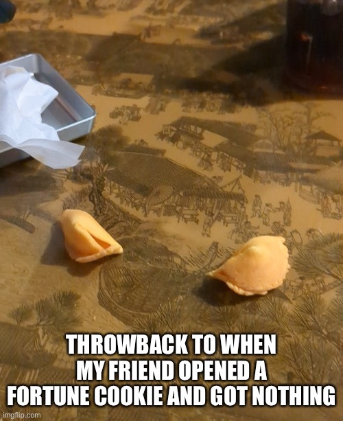 He was so disappointed, I felt so bad | THROWBACK TO WHEN MY FRIEND OPENED A FORTUNE COOKIE AND GOT NOTHING | image tagged in fortune cookie,no fortune,sad,throwback | made w/ Imgflip meme maker