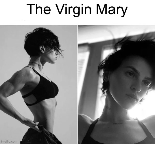 Female Giga Chad | The Virgin Mary | image tagged in female giga chad | made w/ Imgflip meme maker