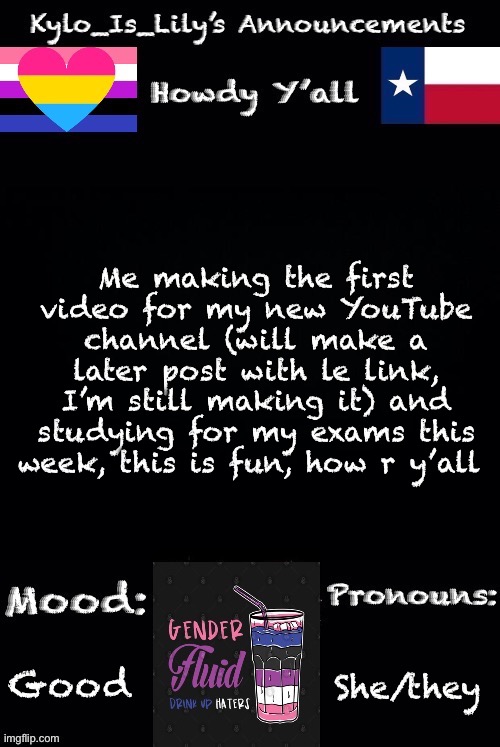 Weheheheh so fun | Me making the first video for my new YouTube channel (will make a later post with le link, I’m still making it) and studying for my exams this week, this is fun, how r y’all; Good; She/they | image tagged in new gender-fluid temp | made w/ Imgflip meme maker