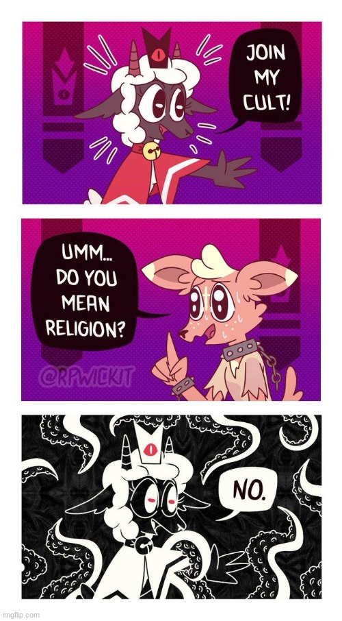 religion | image tagged in cute yet creepy,cult of the lamb,comics,oh wow are you actually reading these tags | made w/ Imgflip meme maker