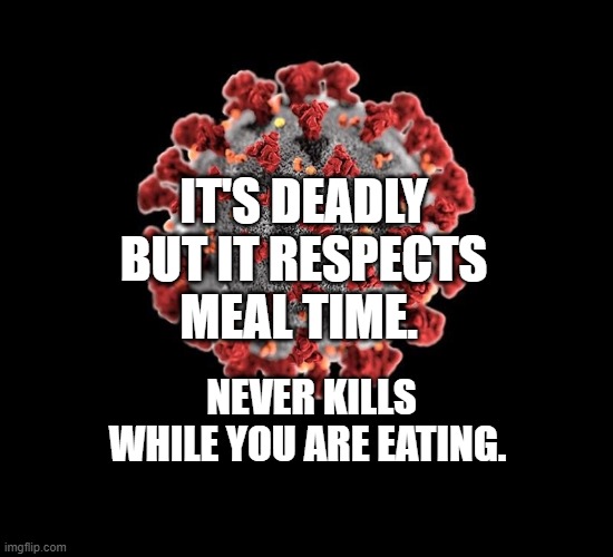 COVID-19 | IT'S DEADLY BUT IT RESPECTS MEAL TIME. NEVER KILLS WHILE YOU ARE EATING. | image tagged in covid-19 | made w/ Imgflip meme maker