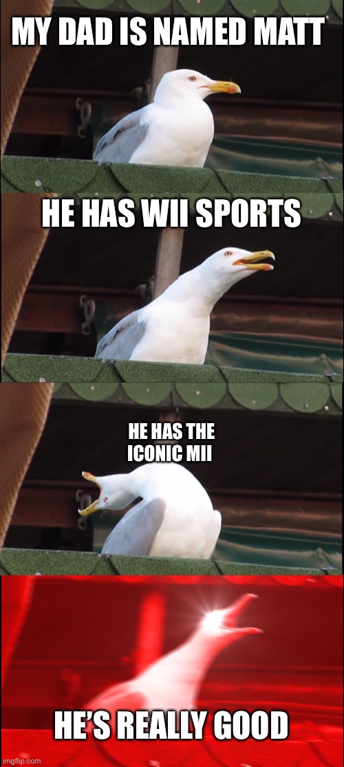 E 2 | MY DAD IS NAMED MATT; HE HAS WII SPORTS; HE HAS THE ICONIC MII; HE’S REALLY GOOD | image tagged in memes,inhaling seagull | made w/ Imgflip meme maker