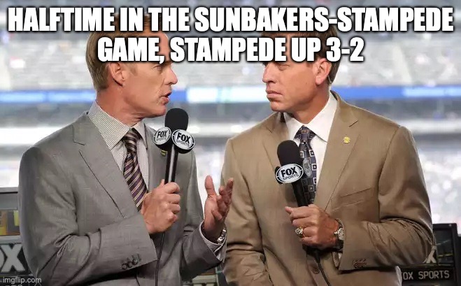 the game is at https://imgflip.com/i/73yu0l | HALFTIME IN THE SUNBAKERS-STAMPEDE GAME, STAMPEDE UP 3-2 | image tagged in sports commentators | made w/ Imgflip meme maker