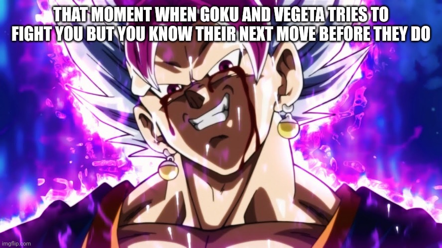 Ultra Vegito the God Killer | THAT MOMENT WHEN GOKU AND VEGETA TRIES TO FIGHT YOU BUT YOU KNOW THEIR NEXT MOVE BEFORE THEY DO | image tagged in ultra vegito the god killer | made w/ Imgflip meme maker