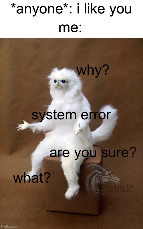 . | *anyone*: i like you; me:; why? system error; are you sure? what? | image tagged in memes,crush,what,why,system,error | made w/ Imgflip meme maker