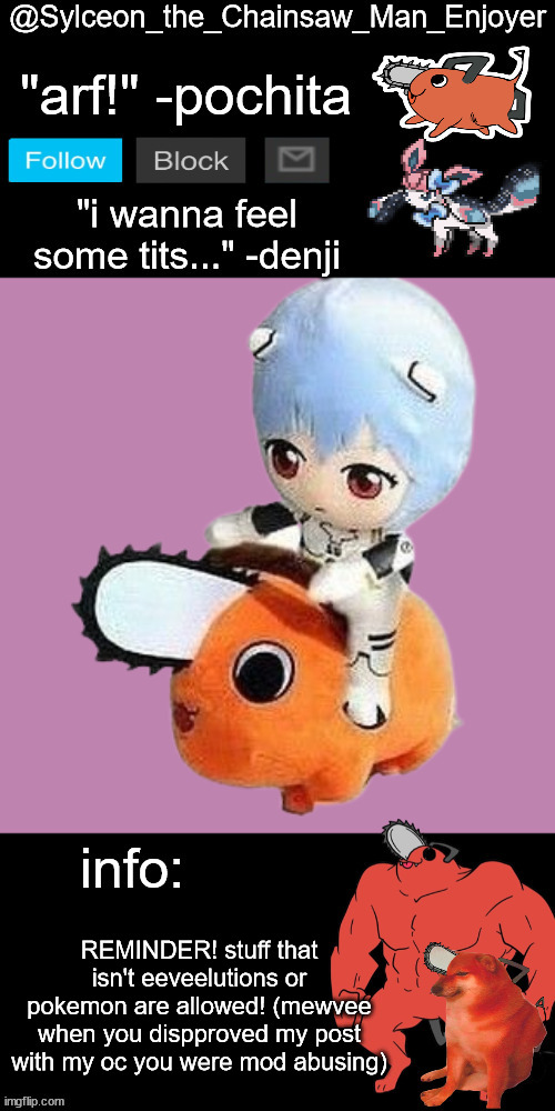 REMINDER! stuff that isn't eeveelutions or pokemon are allowed! (mewvee when you dispproved my post with my oc you were mod abusing) | image tagged in sylceon_the_chainsaw_man_enjoyer | made w/ Imgflip meme maker