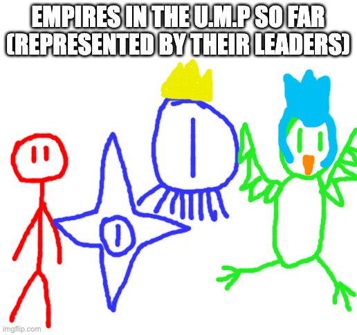 there are applications open to join the U.M.P, the requirements will be in the comments | EMPIRES IN THE U.M.P SO FAR (REPRESENTED BY THEIR LEADERS) | image tagged in blank white template | made w/ Imgflip meme maker