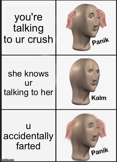 Panik Kalm Panik | you're talking to ur crush; she knows ur talking to her; u accidentally farted | image tagged in memes,panik kalm panik,funny | made w/ Imgflip meme maker