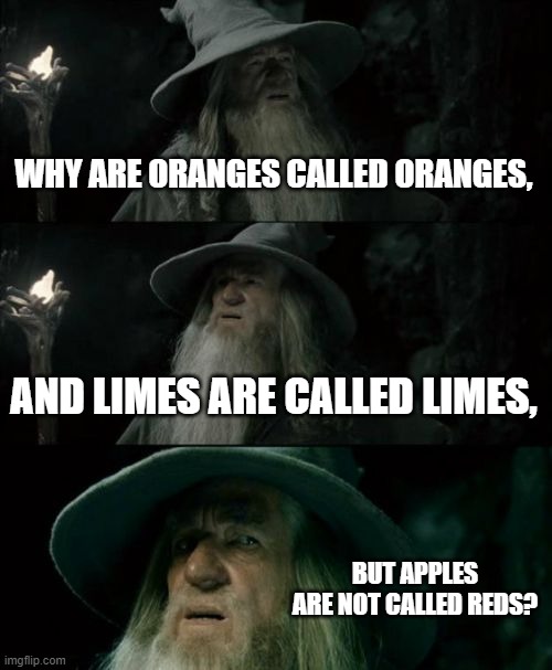 I didn't steal part of a black guy's meme. I take credit from him. Don't ask me why | WHY ARE ORANGES CALLED ORANGES, AND LIMES ARE CALLED LIMES, BUT APPLES ARE NOT CALLED REDS? | image tagged in memes,confused gandalf | made w/ Imgflip meme maker