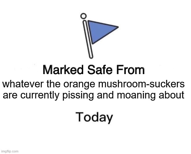 Marked Safe From Meme | whatever the orange mushroom-suckers are currently pissing and moaning about | image tagged in memes,marked safe from | made w/ Imgflip meme maker