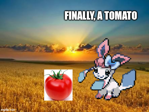 sylceon helps out with flame's (flareon's) farm | FINALLY, A TOMATO | image tagged in fields | made w/ Imgflip meme maker