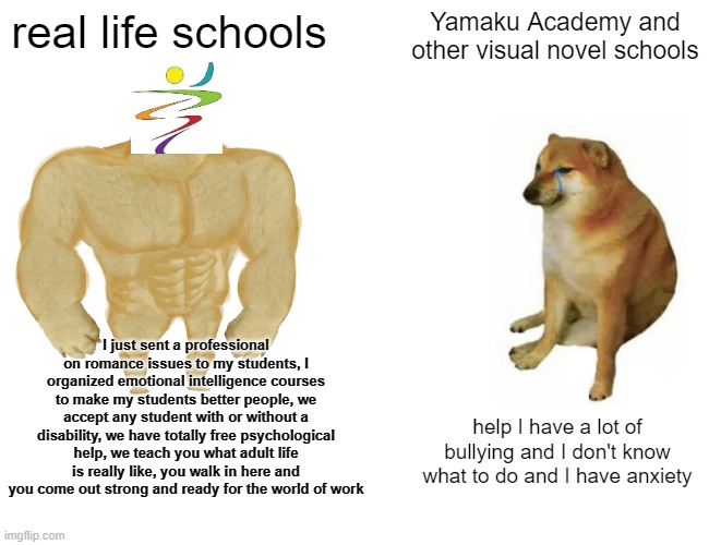 My school vs Schools Visual Novels | real life schools; Yamaku Academy and other visual novel schools; I just sent a professional on romance issues to my students, I organized emotional intelligence courses to make my students better people, we accept any student with or without a disability, we have totally free psychological help, we teach you what adult life is really like, you walk in here and you come out strong and ready for the world of work; help I have a lot of bullying and I don't know what to do and I have anxiety | image tagged in memes,buff doge vs cheems,visual novel,reality | made w/ Imgflip meme maker
