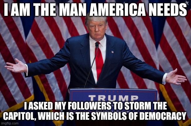 Donald Trump | I AM THE MAN AMERICA NEEDS; I ASKED MY FOLLOWERS TO STORM THE CAPITOL, WHICH IS THE SYMBOLS OF DEMOCRACY | image tagged in donald trump | made w/ Imgflip meme maker