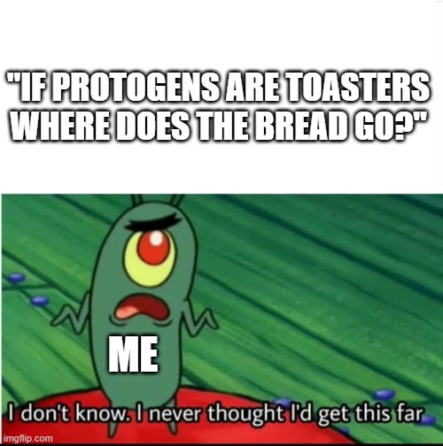 i didnt think i would get this far | "IF PROTOGENS ARE TOASTERS WHERE DOES THE BREAD GO?" ME | image tagged in i didnt think i would get this far | made w/ Imgflip meme maker