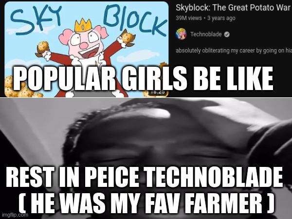 LOL Why is this true? | POPULAR GIRLS BE LIKE; REST IN PEICE TECHNOBLADE 
( HE WAS MY FAV FARMER ) | image tagged in fr though | made w/ Imgflip meme maker