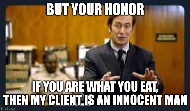 But your honor | BUT YOUR HONOR; IF YOU ARE WHAT YOU EAT, THEN MY CLIENT IS AN INNOCENT MAN | image tagged in but your honor | made w/ Imgflip meme maker