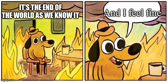 Fine | IT’S THE END OF THE WORLD AS WE KNOW IT And I feel fine | image tagged in this is fine blank | made w/ Imgflip meme maker