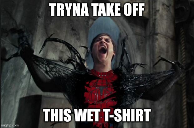 Spider Man Becoming Venom | TRYNA TAKE OFF; THIS WET T-SHIRT | image tagged in spider man becoming venom | made w/ Imgflip meme maker