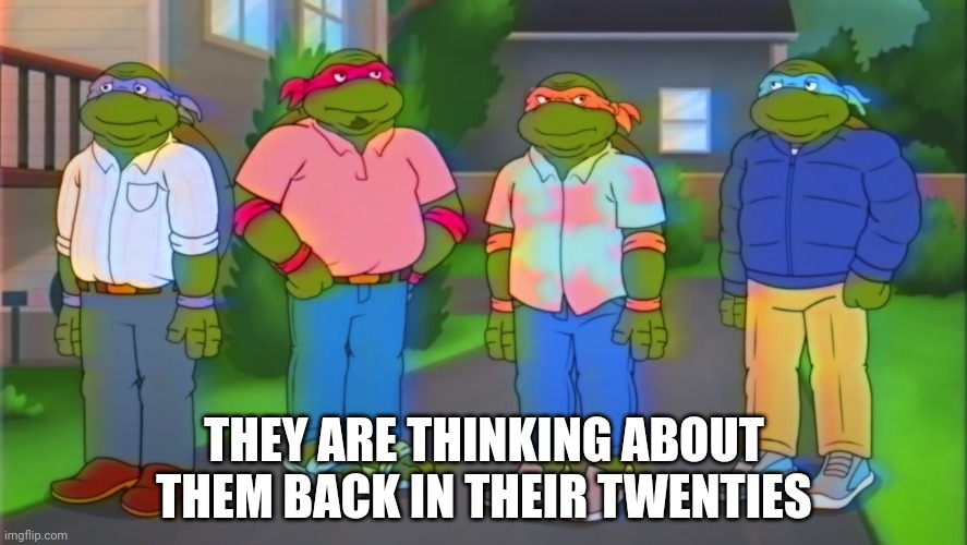 Thinking about their twenties | THEY ARE THINKING ABOUT THEM BACK IN THEIR TWENTIES | image tagged in middle-aged tmnt | made w/ Imgflip meme maker