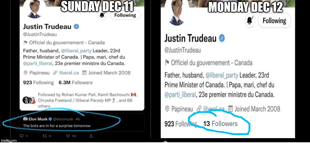 Call it a hunch... | SUNDAY DEC 11; MONDAY DEC 12 | image tagged in justin trudeau,bots,twitter,elon musk | made w/ Imgflip meme maker