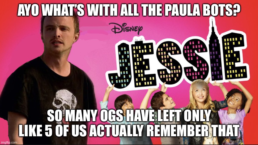 *alts not bots lmao  | AYO WHAT’S WITH ALL THE PAULA BOTS? SO MANY OGS HAVE LEFT ONLY LIKE 5 OF US ACTUALLY REMEMBER THAT | image tagged in jessie | made w/ Imgflip meme maker