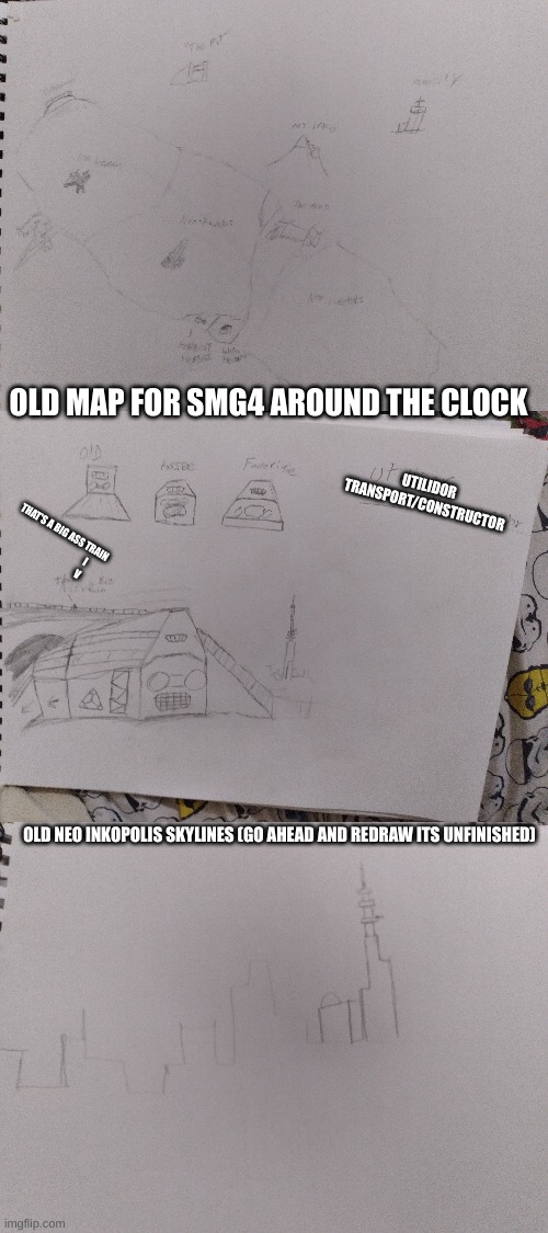 A few drawings related to a project im working on! | OLD MAP FOR SMG4 AROUND THE CLOCK; UTILIDOR TRANSPORT/CONSTRUCTOR; THAT'S A BIG ASS TRAIN 
                                 I
                                V; OLD NEO INKOPOLIS SKYLINES (GO AHEAD AND REDRAW ITS UNFINISHED) | image tagged in smg4 around the clock,smg4,glitch productions,drawings | made w/ Imgflip meme maker