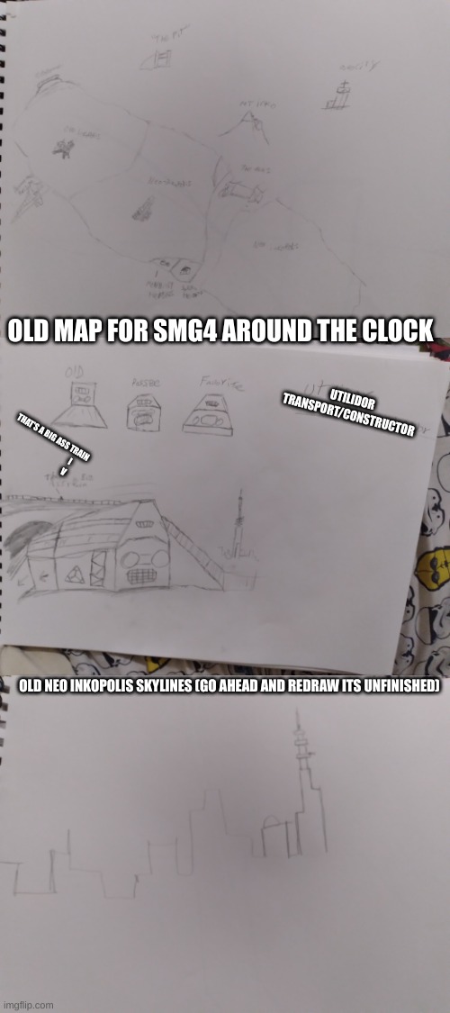 Some concepts for Smg4 around the clock (the train is 10 stories tall) | OLD MAP FOR SMG4 AROUND THE CLOCK; UTILIDOR TRANSPORT/CONSTRUCTOR; THAT'S A BIG ASS TRAIN 
                                 I
                                V; OLD NEO INKOPOLIS SKYLINES (GO AHEAD AND REDRAW ITS UNFINISHED) | image tagged in smg4 around the clock,drawings,smg4,glitch productions | made w/ Imgflip meme maker