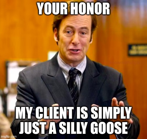 Saul Goodman Your Honor | YOUR HONOR; MY CLIENT IS SIMPLY JUST A SILLY GOOSE | image tagged in saul goodman your honor | made w/ Imgflip meme maker
