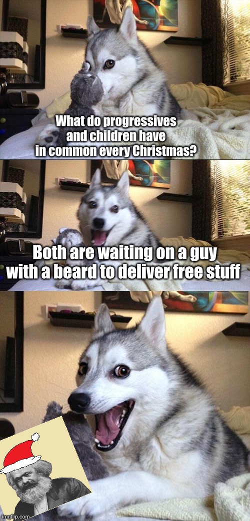 Happy progressivemass | What do progressives and children have in common every Christmas? Both are waiting on a guy with a beard to deliver free stuff | image tagged in memes,bad pun dog,politics lol,derp | made w/ Imgflip meme maker