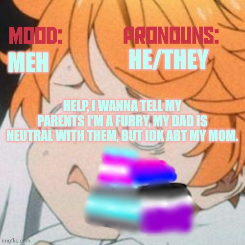 Help | HE/THEY; MEH; HELP, I WANNA TELL MY PARENTS I'M A FURRY, MY DAD IS NEUTRAL WITH THEM, BUT IDK ABT MY MOM. | image tagged in demiboy_dragon announcement temp no stealing | made w/ Imgflip meme maker