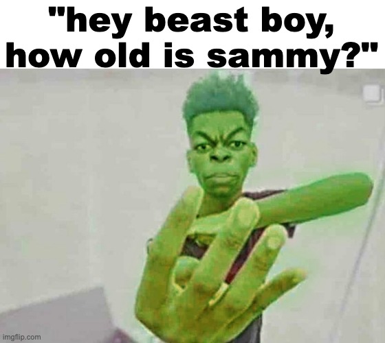 Beast Boy Holding Up 4 Fingers | "hey beast boy, how old is sammy?" | image tagged in beast boy holding up 4 fingers | made w/ Imgflip meme maker
