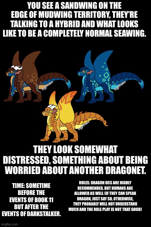 When Mirage finally gets to do something instead of sitting in the background with Ivy | YOU SEE A SANDWING ON THE EDGE OF MUDWING TERRITORY, THEY’RE TALKING TO A HYBRID AND WHAT LOOKS LIKE TO BE A COMPLETELY NORMAL SEAWING. THEY LOOK SOMEWHAT DISTRESSED, SOMETHING ABOUT BEING WORRIED ABOUT ANOTHER DRAGONET. RULES: DRAGON OCS ARE HIGHLY RECOMMENDED, BUT HUMANS ARE ALLOWED AS WELL (IF THEY CAN SPEAK DRAGON, JUST SAY SO, OTHERWISE, THEY PROBABLY WILL NOT UNDERSTAND MUCH AND THE ROLE PLAY IS NOT THAT GOOD); TIME: SOMETIME BEFORE THE EVENTS OF BOOK 11 BUT AFTER THE EVENTS OF DARKSTALKER. | image tagged in memes,blank transparent square | made w/ Imgflip meme maker