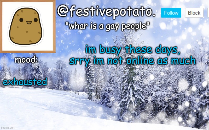 :/ | im busy these days, srry im not online as much; exhausted | made w/ Imgflip meme maker