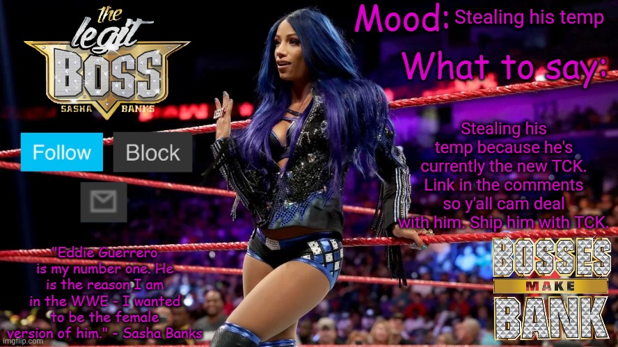 Sasha Banks V1 | Stealing his temp; Stealing his temp because he's currently the new TCK. Link in the comments so y'all cam deal with him. Ship him with TCK. | image tagged in sasha banks v1 | made w/ Imgflip meme maker
