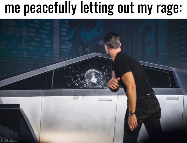 Cybertruck broken window | me peacefully letting out my rage: | image tagged in cybertruck broken window | made w/ Imgflip meme maker
