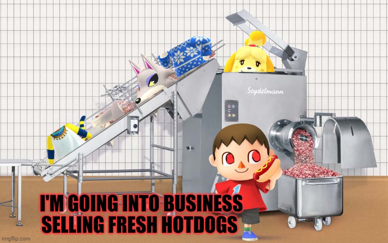 Cursed animal crossing mayor | I'M GOING INTO BUSINESS SELLING FRESH HOTDOGS | image tagged in cursed,animal crossing,mayor,hotdogs,cannibalism | made w/ Imgflip meme maker