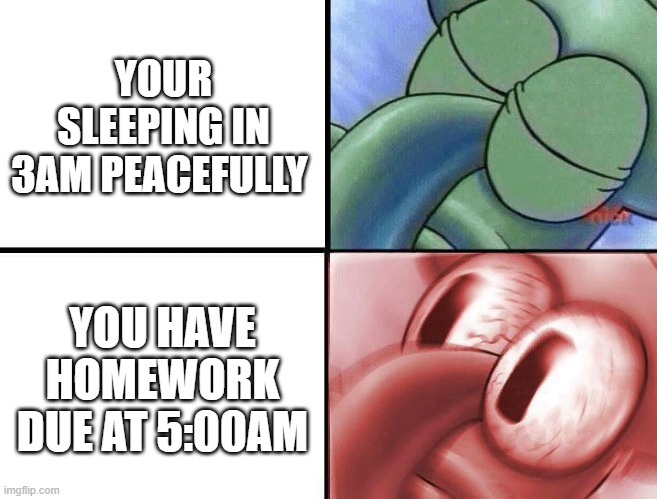 pain | YOUR SLEEPING IN 3AM PEACEFULLY; YOU HAVE HOMEWORK DUE AT 5:00AM | image tagged in sleeping squidward | made w/ Imgflip meme maker