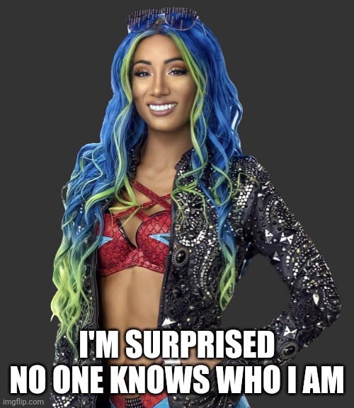 Sasha banks 2021 render | I'M SURPRISED NO ONE KNOWS WHO I AM | image tagged in sasha banks 2021 render | made w/ Imgflip meme maker