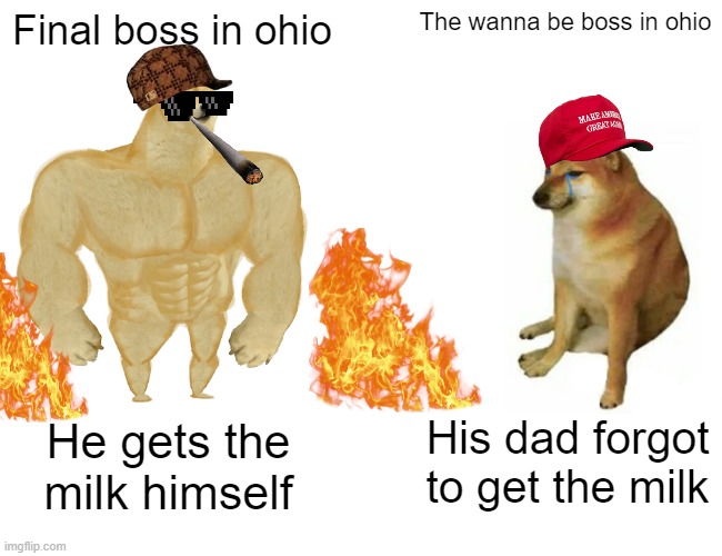 OHIO Boss | Final boss in ohio; The wanna be boss in ohio; His dad forgot to get the milk; He gets the milk himself | image tagged in memes,buff doge vs cheems | made w/ Imgflip meme maker