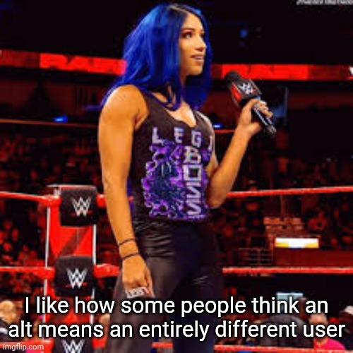 Sasha Banks with a mic | I like how some people think an alt means an entirely different user | image tagged in sasha banks with a mic | made w/ Imgflip meme maker