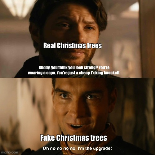 the boys meme | Real Christmas trees; Fake Christmas trees | image tagged in soldier boy / buddy you think you look strong,christmas,soldier boy,homelander,the boys | made w/ Imgflip meme maker