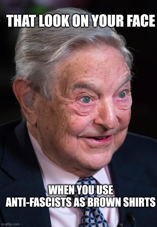 Evil George Soros | THAT LOOK ON YOUR FACE; WHEN YOU USE ANTI-FASCISTS AS BROWN SHIRTS | image tagged in evil george soros | made w/ Imgflip meme maker