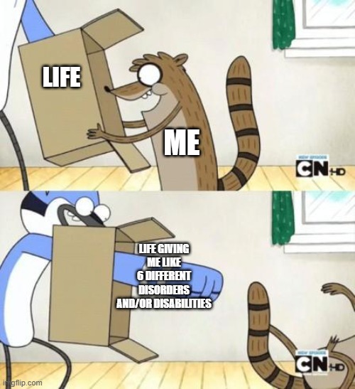 This is true. | LIFE; ME; LIFE GIVING ME LIKE 6 DIFFERENT DISORDERS AND/OR DISABILITIES | image tagged in mordecai punches rigby through a box,life,the truth | made w/ Imgflip meme maker