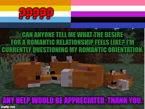 help? | ????? CAN ANYONE TELL ME WHAT THE DESIRE FOR A ROMANTIC RELATIONSHIP FEELS LIKE? I'M CURRENTLY QUESTIONING MY ROMANTIC ORIENTATION. ANY HELP WOULD BE APPRECIATED, THANK YOU. | image tagged in memes,lgbtq,help,confused,romantic | made w/ Imgflip meme maker